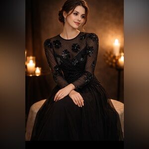 Vintage Lesley Fay Black Sheer Floral Long Sleeve Chiffon Evening Gown